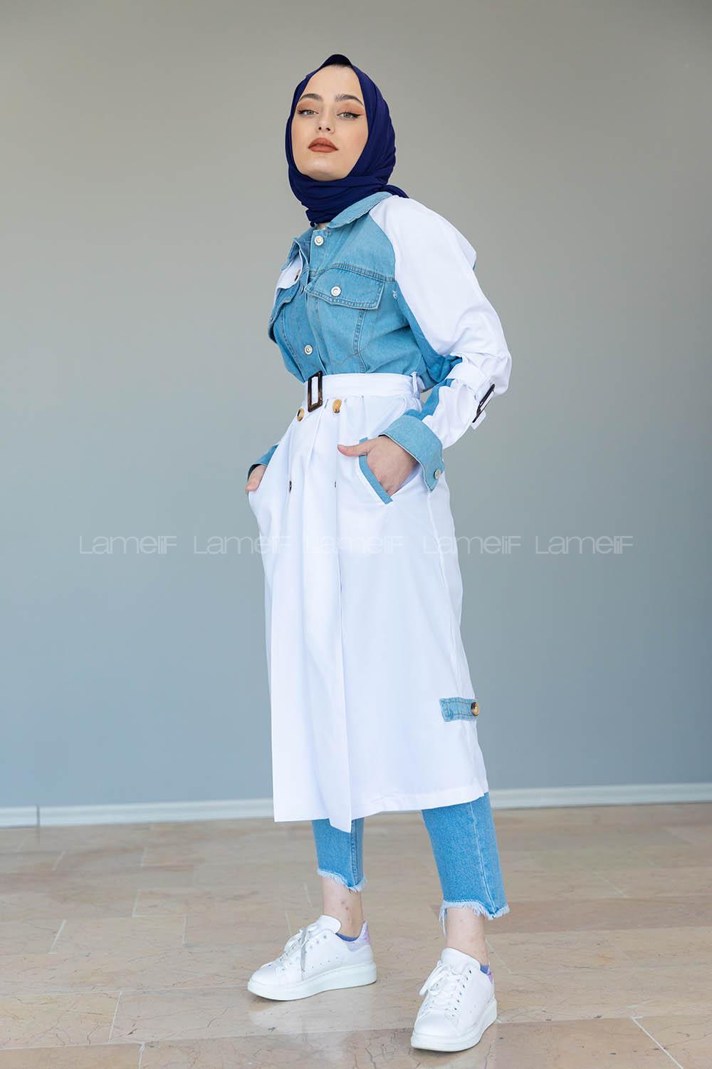 Modalamelif Belden Bağlamalı Kot Garnili Trenç Beyaz