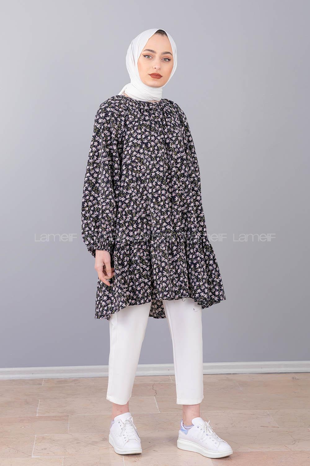 Modalamelif Balon Kol Desenli Tunik Siyah