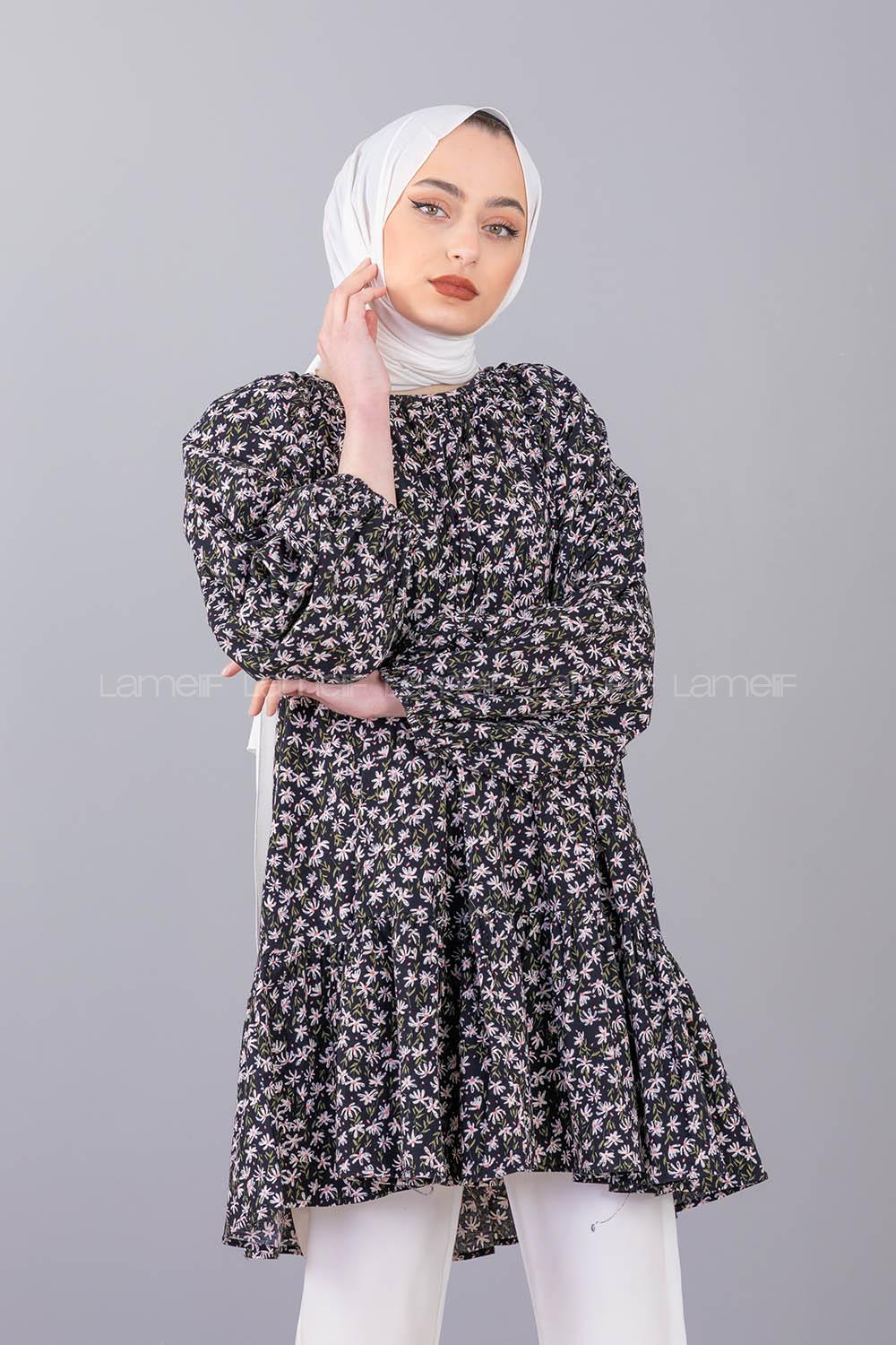 Modalamelif Balon Kol Desenli Tunik Siyah