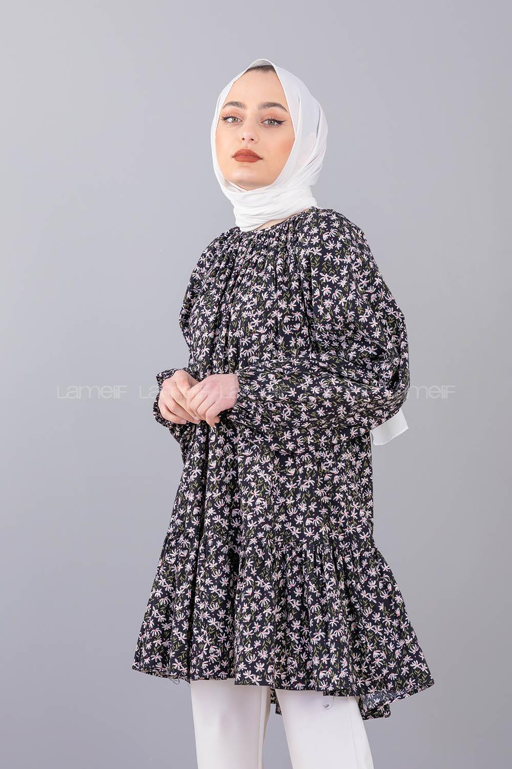 Modalamelif Balon Kol Desenli Tunik Siyah