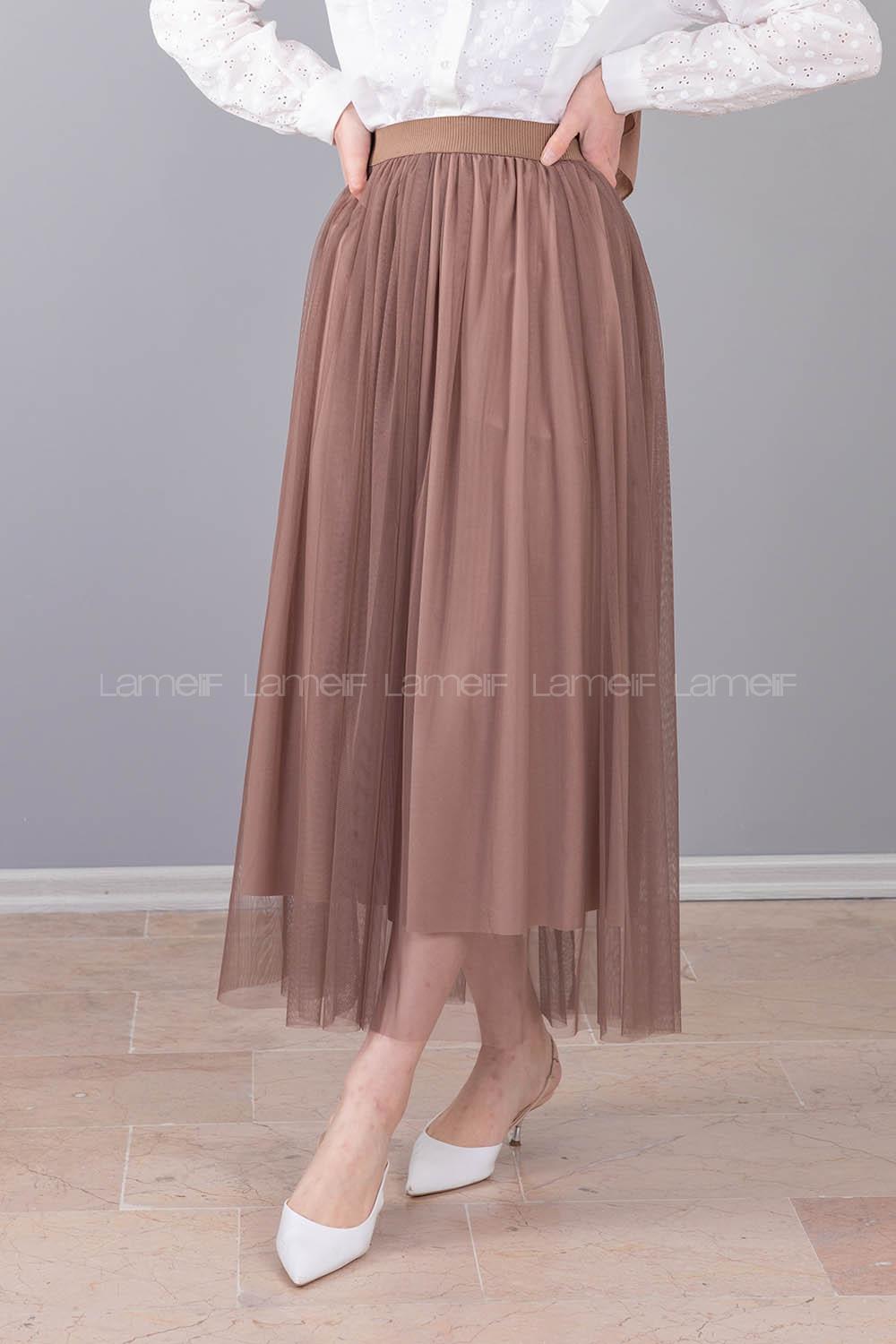 Modalamelif Beli Lastikli Tül Etek Kahverengi