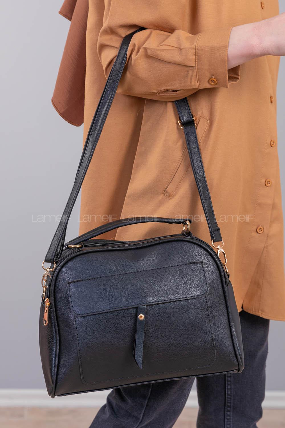 Lamelif Deri Görünümlü Askılı Omuz Çantası Siyah