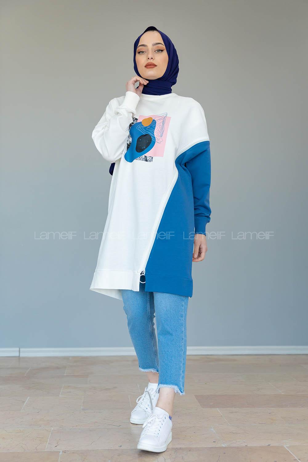 Modalamelif Garnili Fermuar Detaylı Tunik Mavi