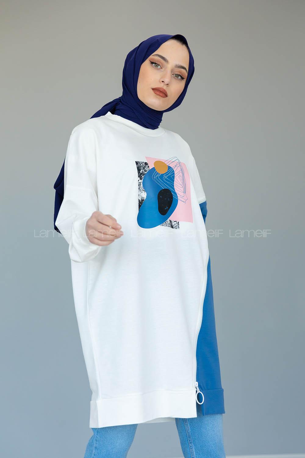 Modalamelif Garnili Fermuar Detaylı Tunik Mavi