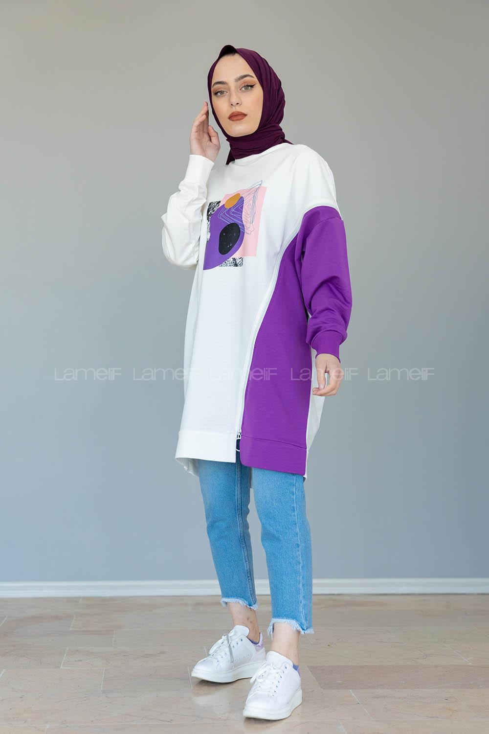 Modalamelif Garnili Fermuar Detaylı Tunik Mor