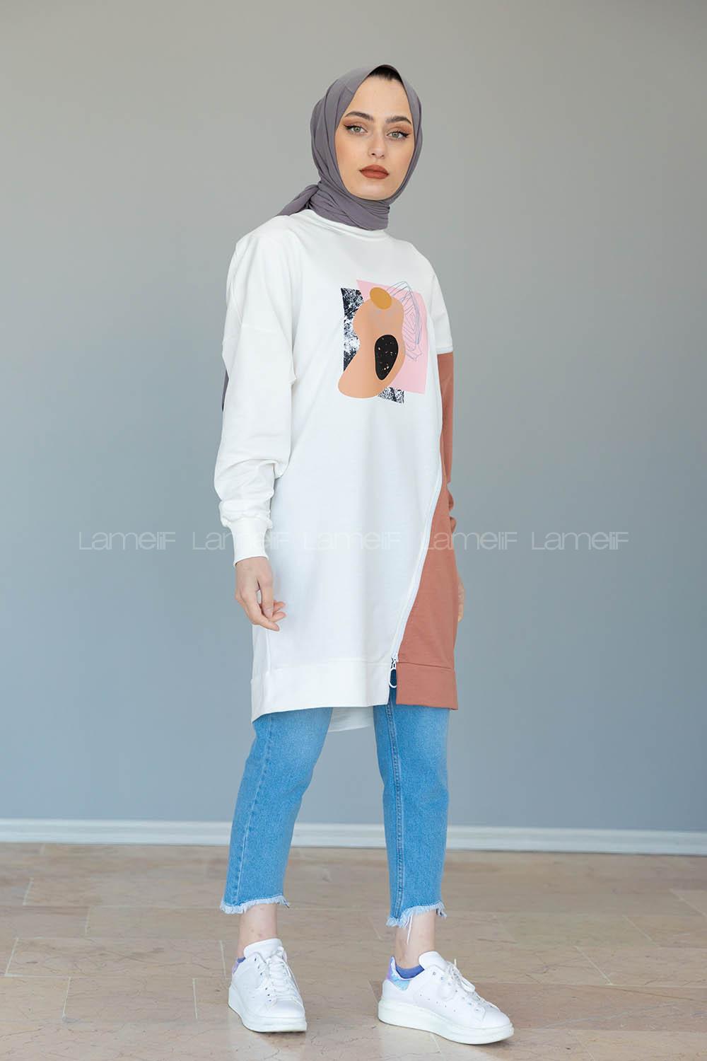 Modalamelif Garnili Fermuar Detaylı Tunik Pudra