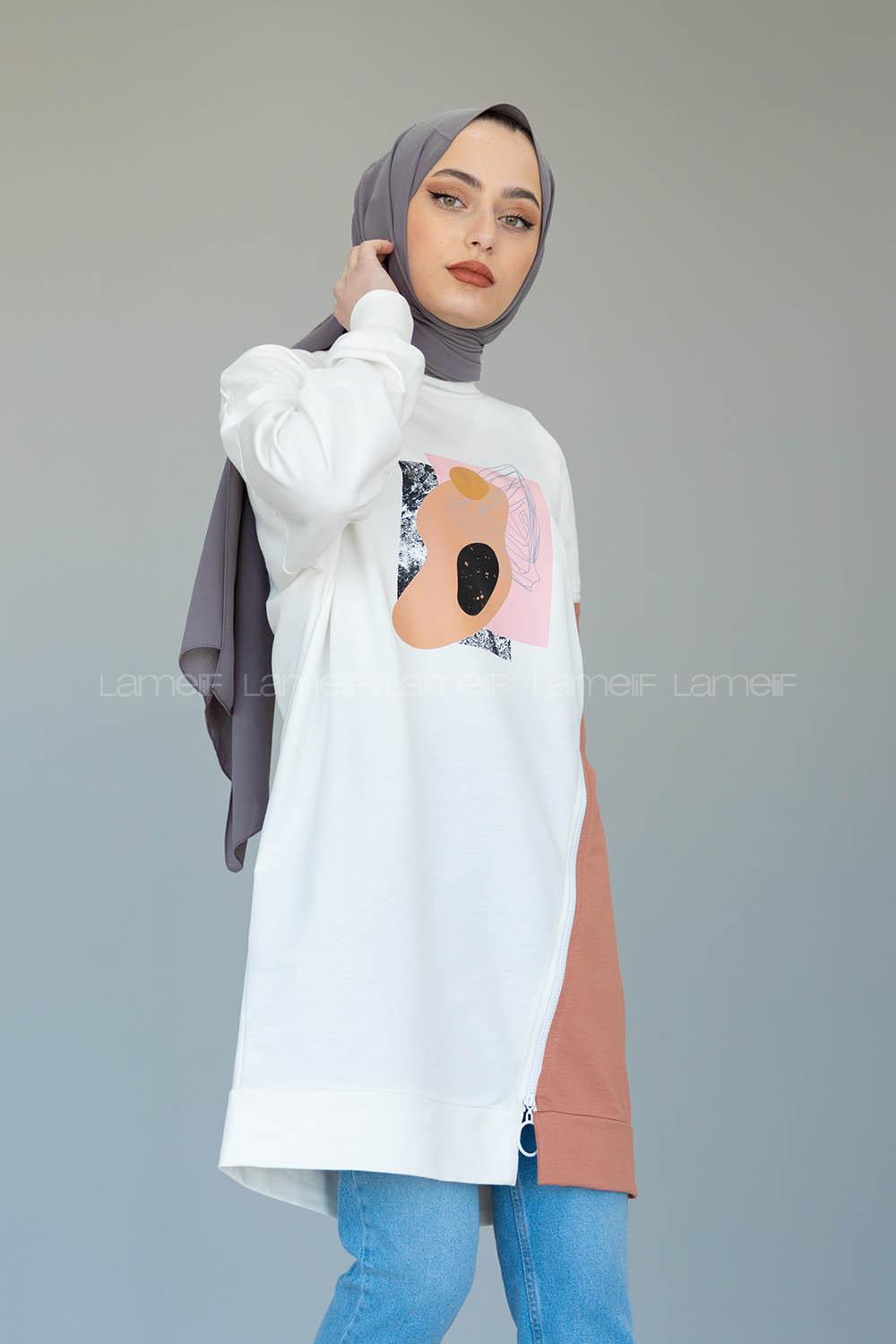 Modalamelif Garnili Fermuar Detaylı Tunik Pudra