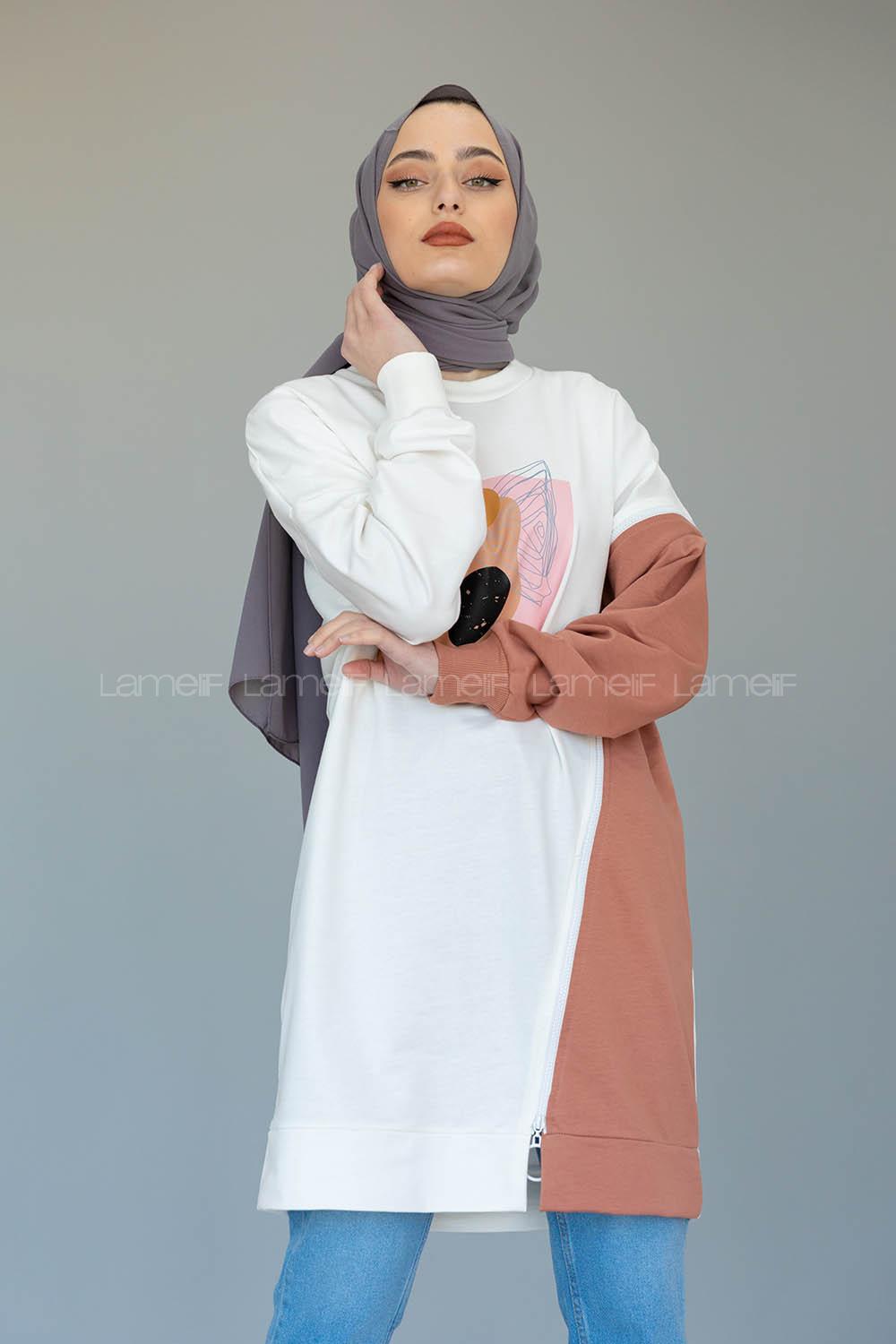 Modalamelif Garnili Fermuar Detaylı Tunik Pudra