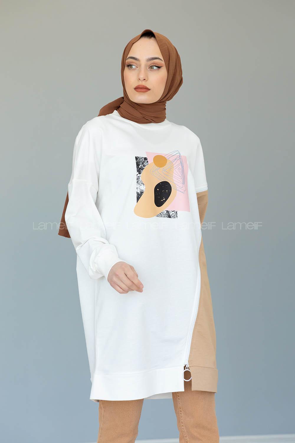 Modalamelif Garnili Fermuar Detaylı Tunik Sütlü Kahve