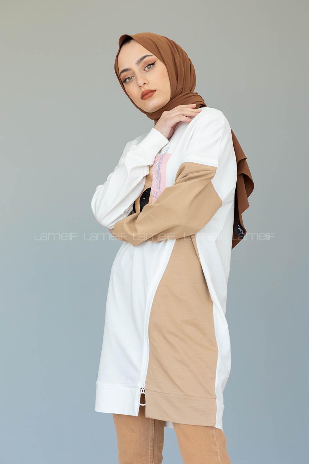 Modalamelif Garnili Fermuar Detaylı Tunik Sütlü Kahve