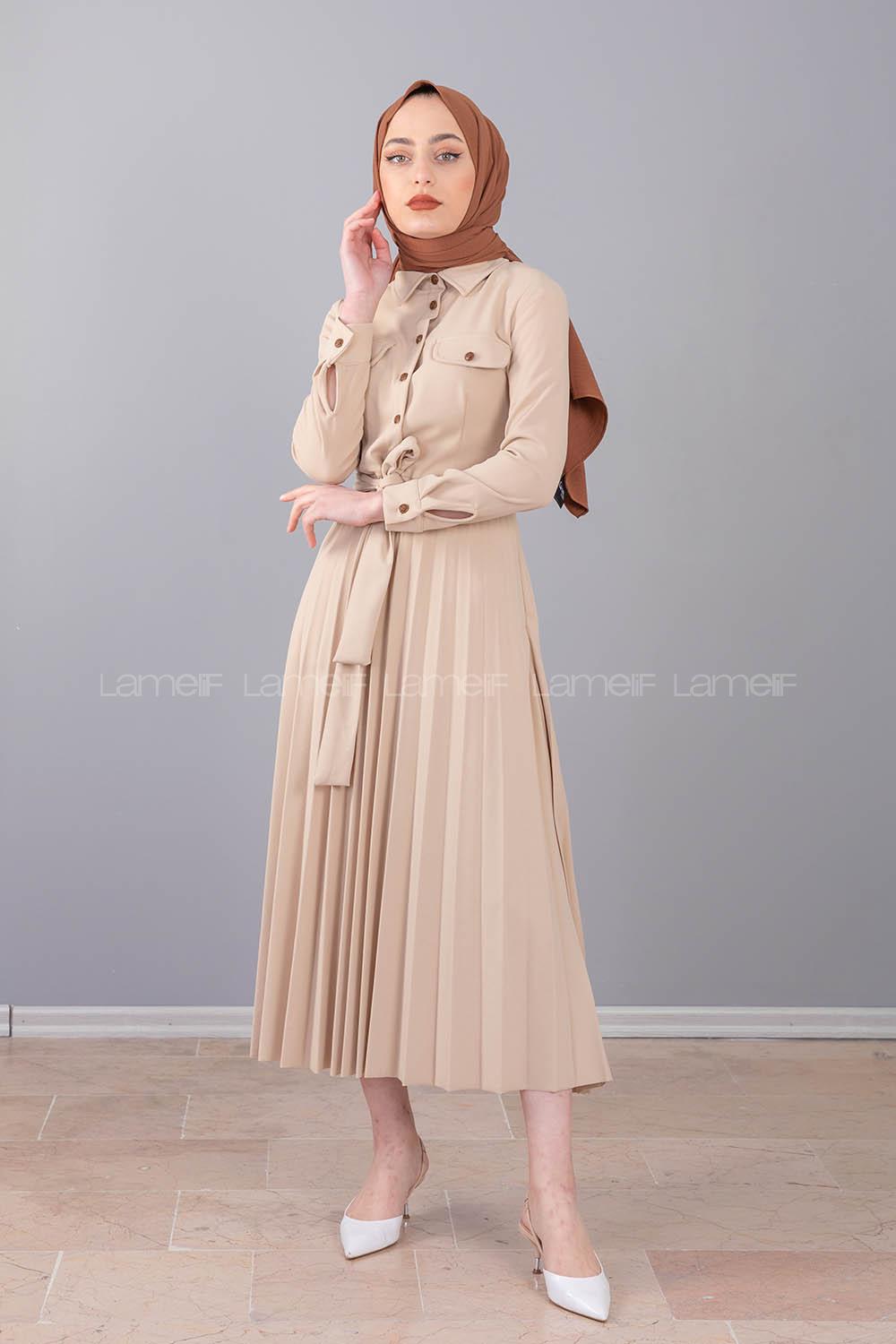 Modalamelif Gömlek Yaka Eteği Piliseli Elbise Bej