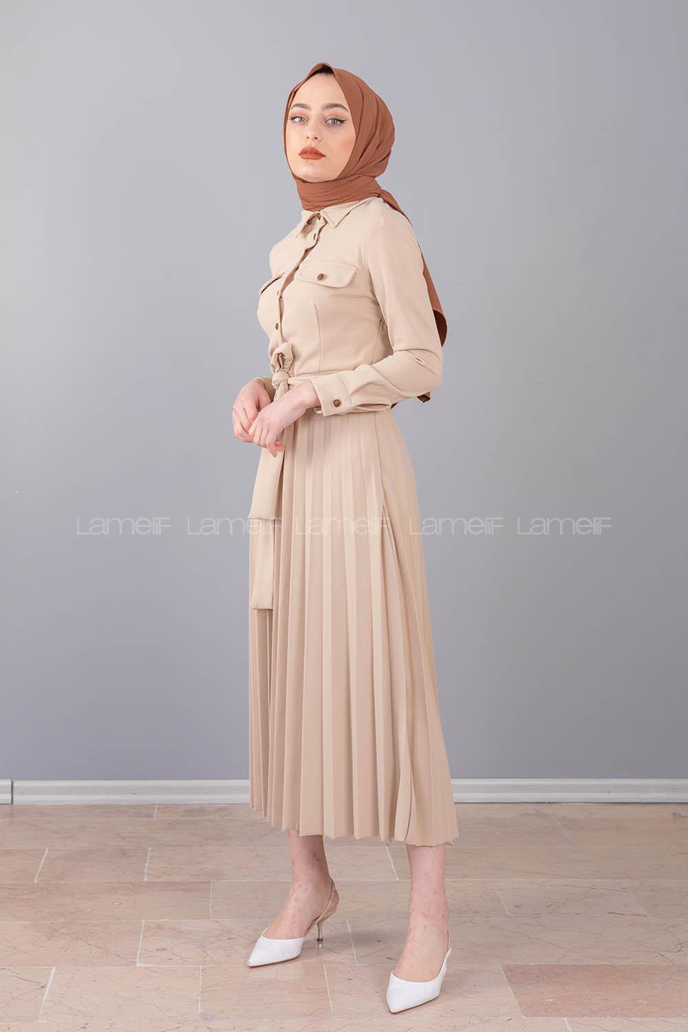 Modalamelif Gömlek Yaka Eteği Piliseli Elbise Bej