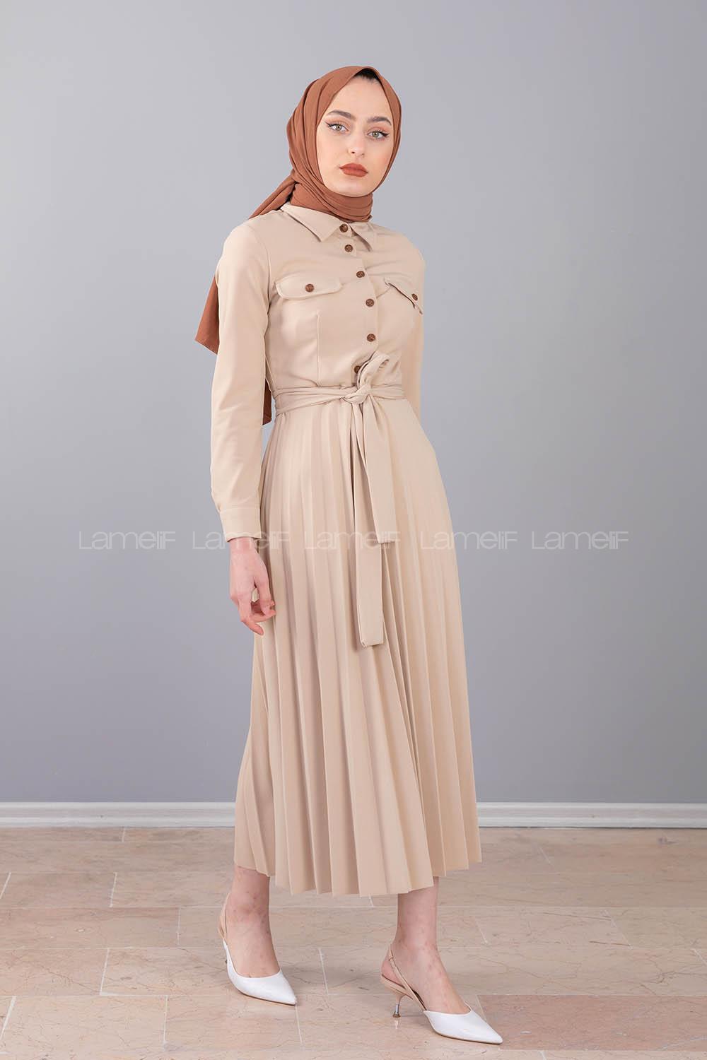 Modalamelif Gömlek Yaka Eteği Piliseli Elbise Bej
