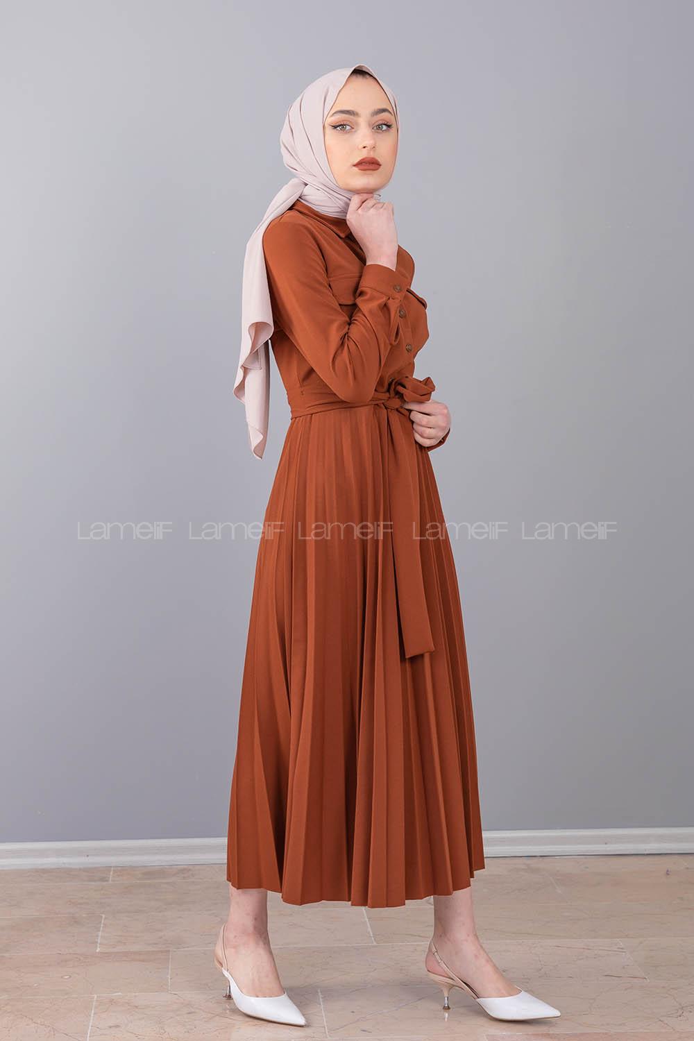 Modalamelif Gömlek Yaka Eteği Piliseli Elbise Camel