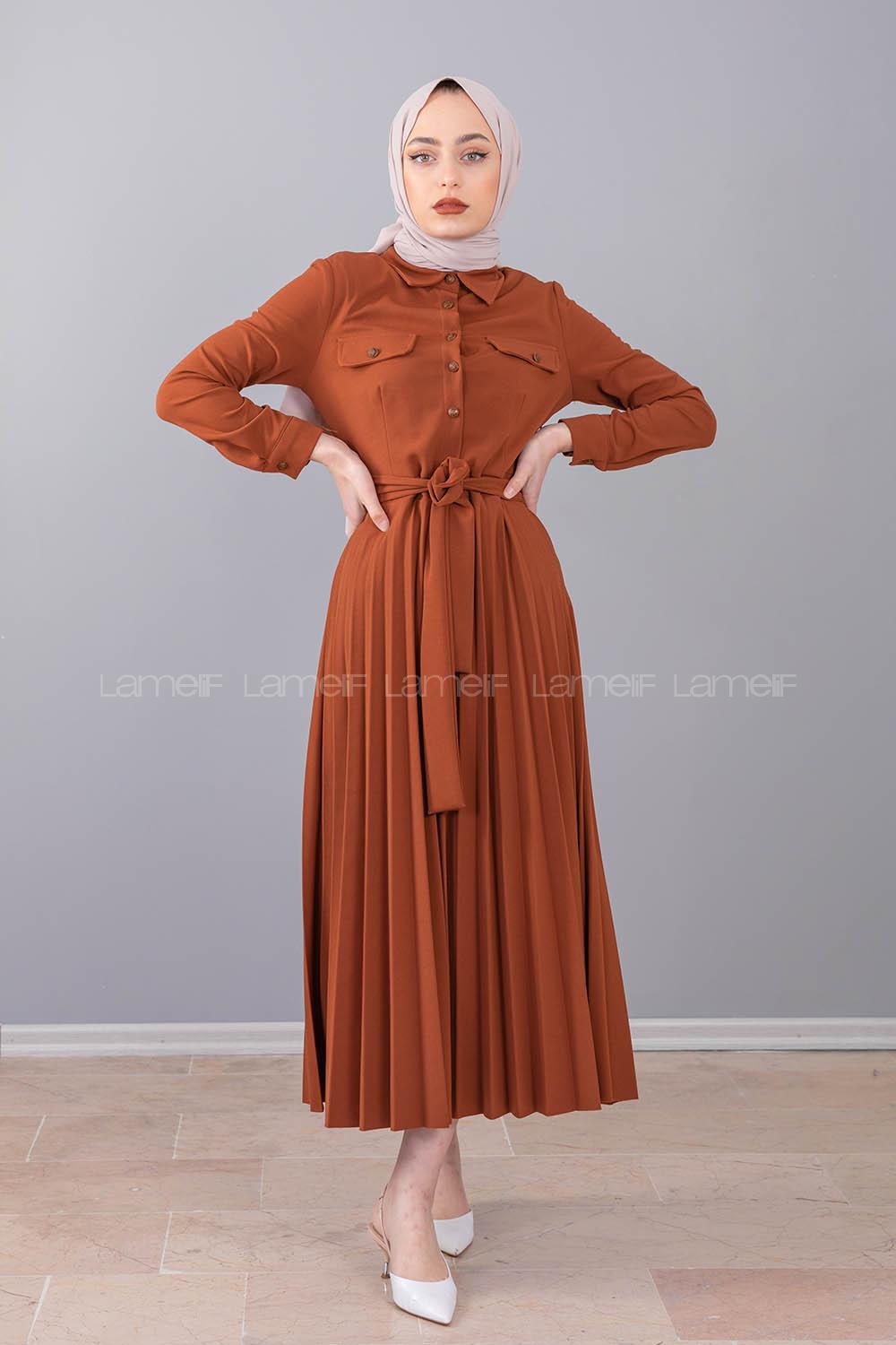 Modalamelif Gömlek Yaka Eteği Piliseli Elbise Camel