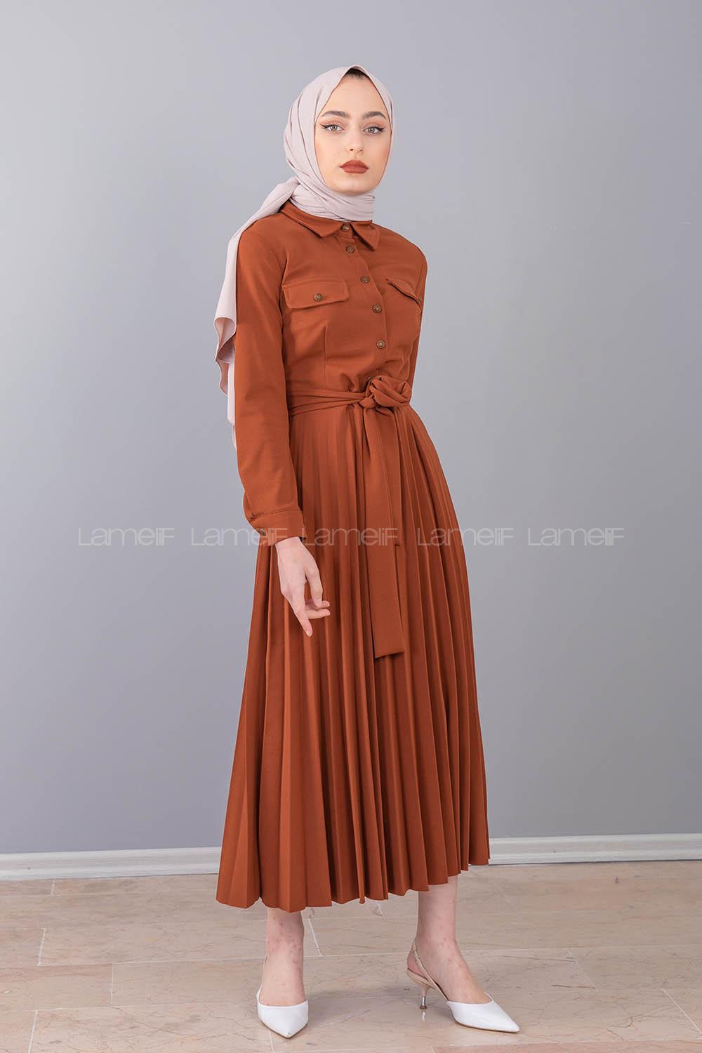 Modalamelif Gömlek Yaka Eteği Piliseli Elbise Camel