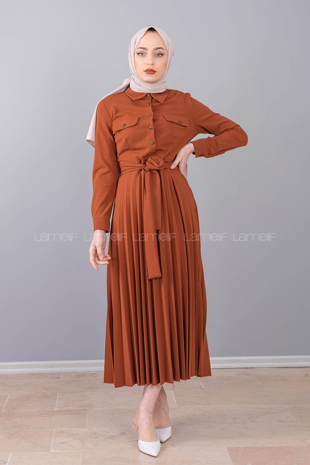 Modalamelif Gömlek Yaka Eteği Piliseli Elbise Camel
