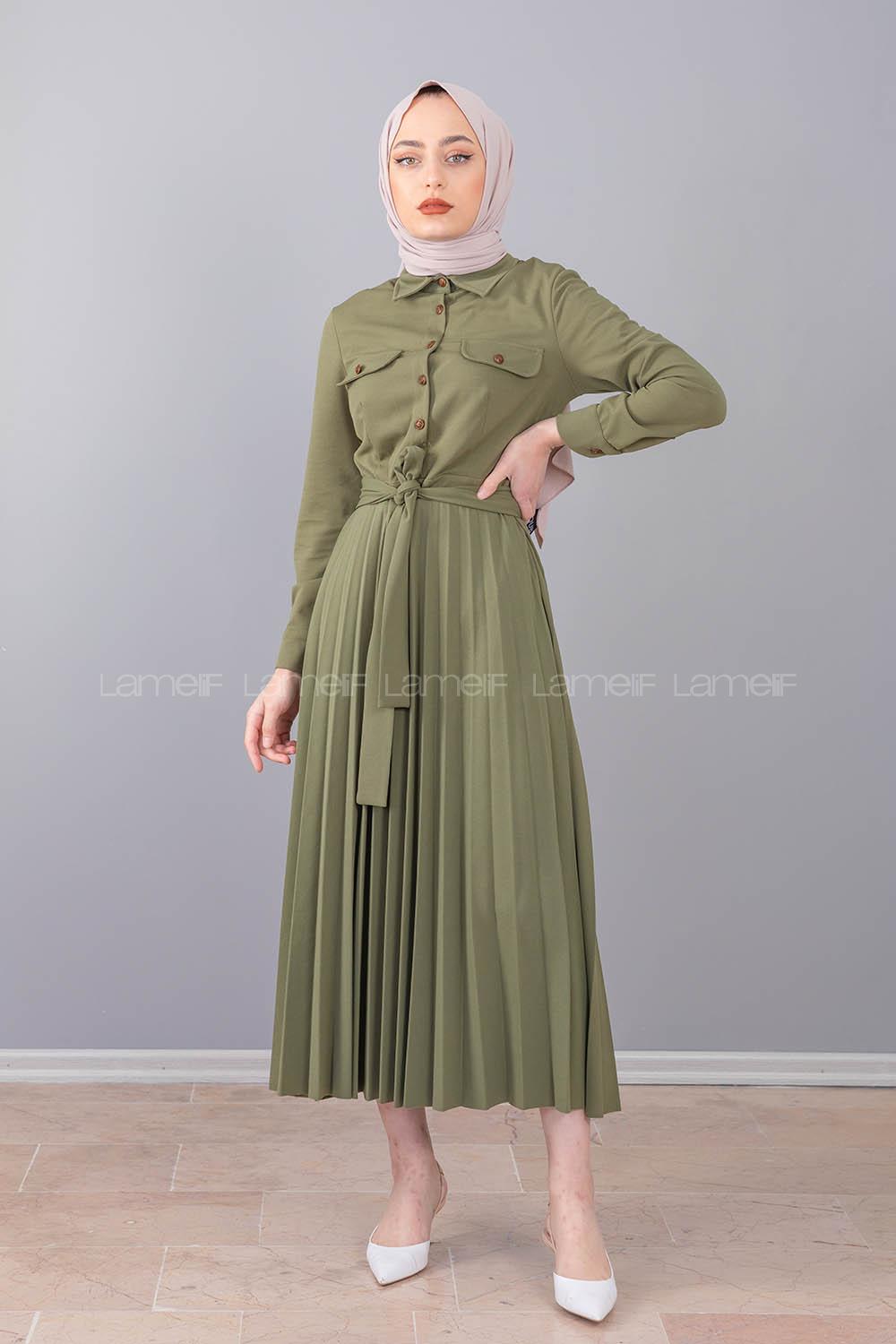 Modalamelif Gömlek Yaka Eteği Piliseli Elbise Haki