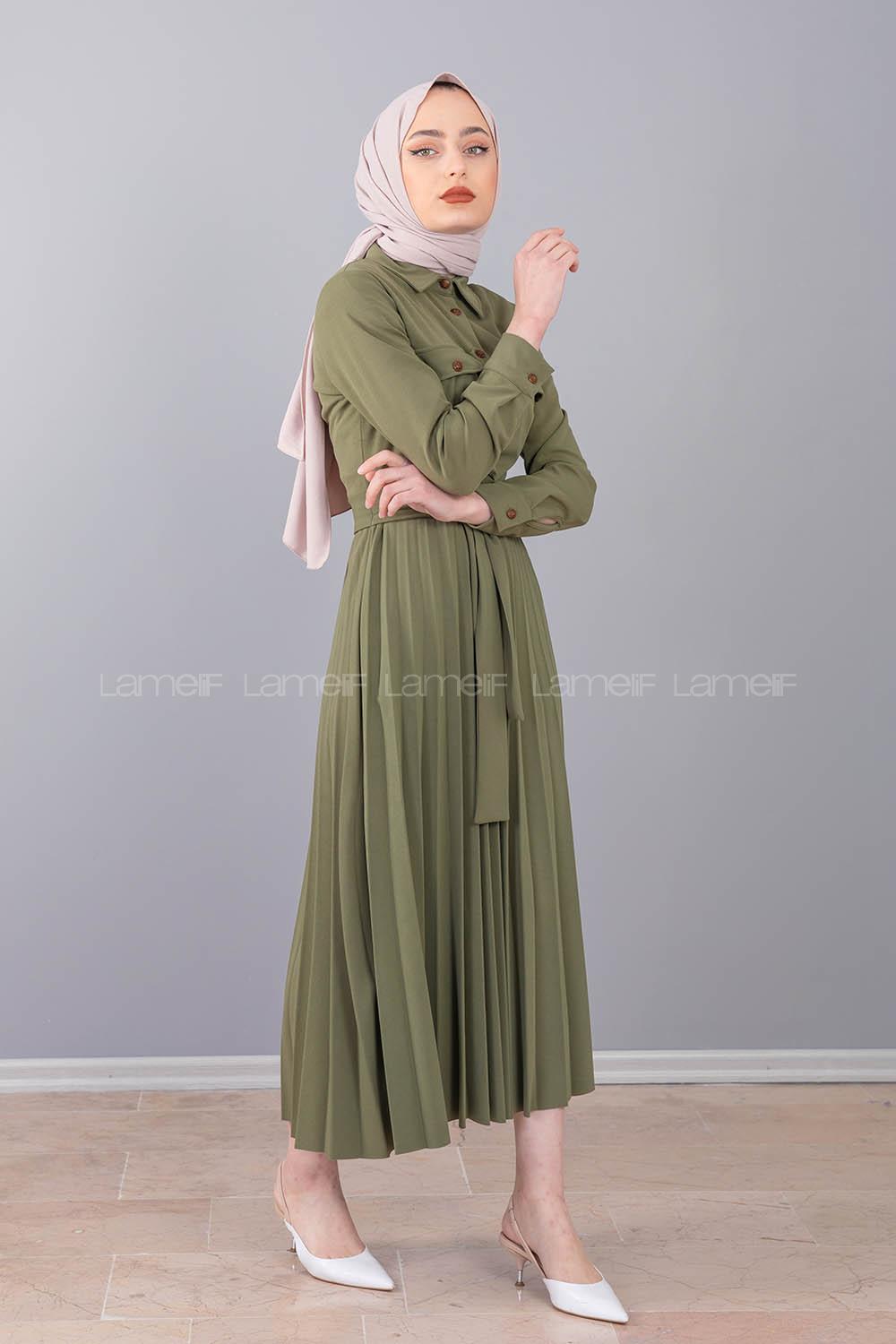 Modalamelif Gömlek Yaka Eteği Piliseli Elbise Haki