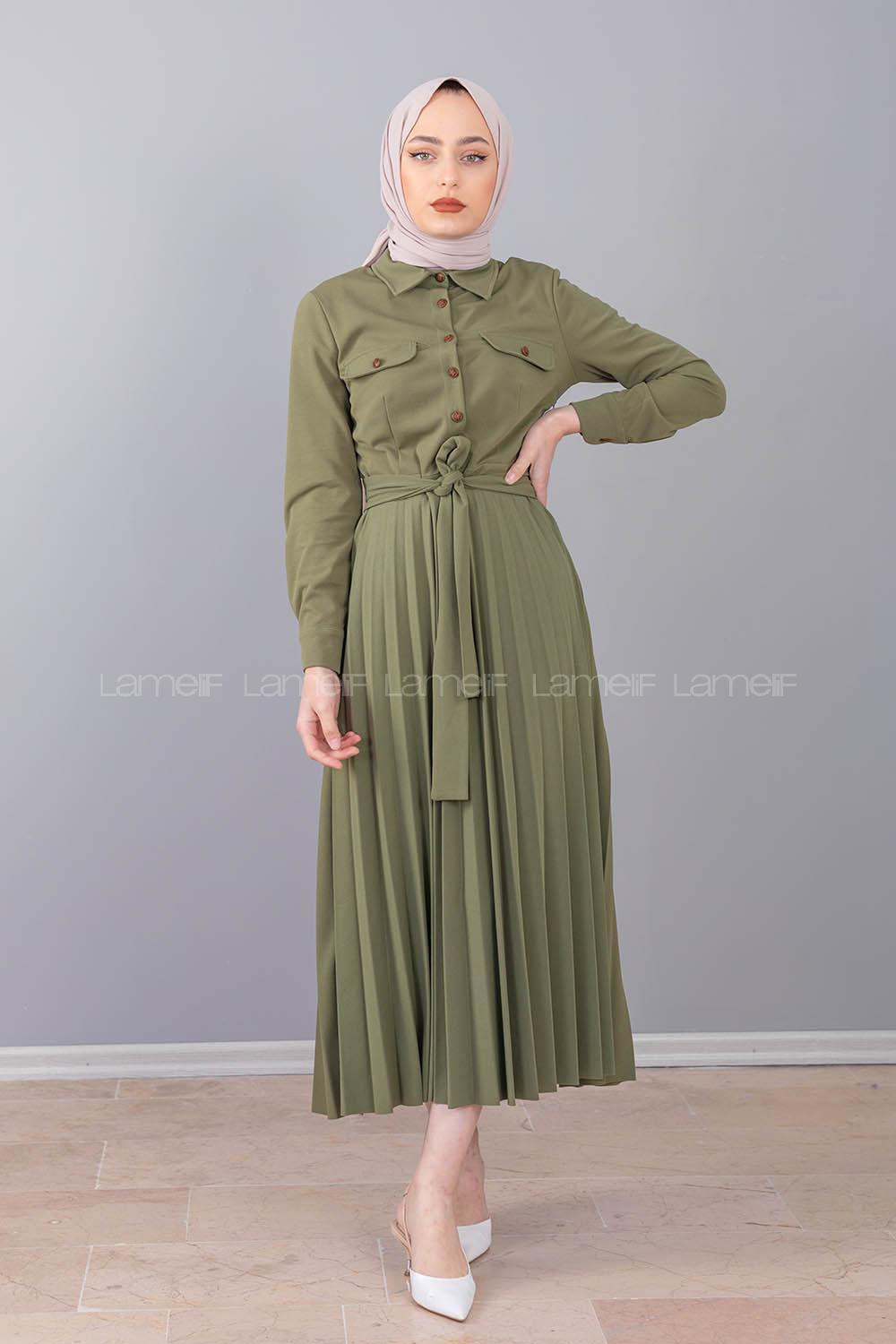Modalamelif Gömlek Yaka Eteği Piliseli Elbise Haki