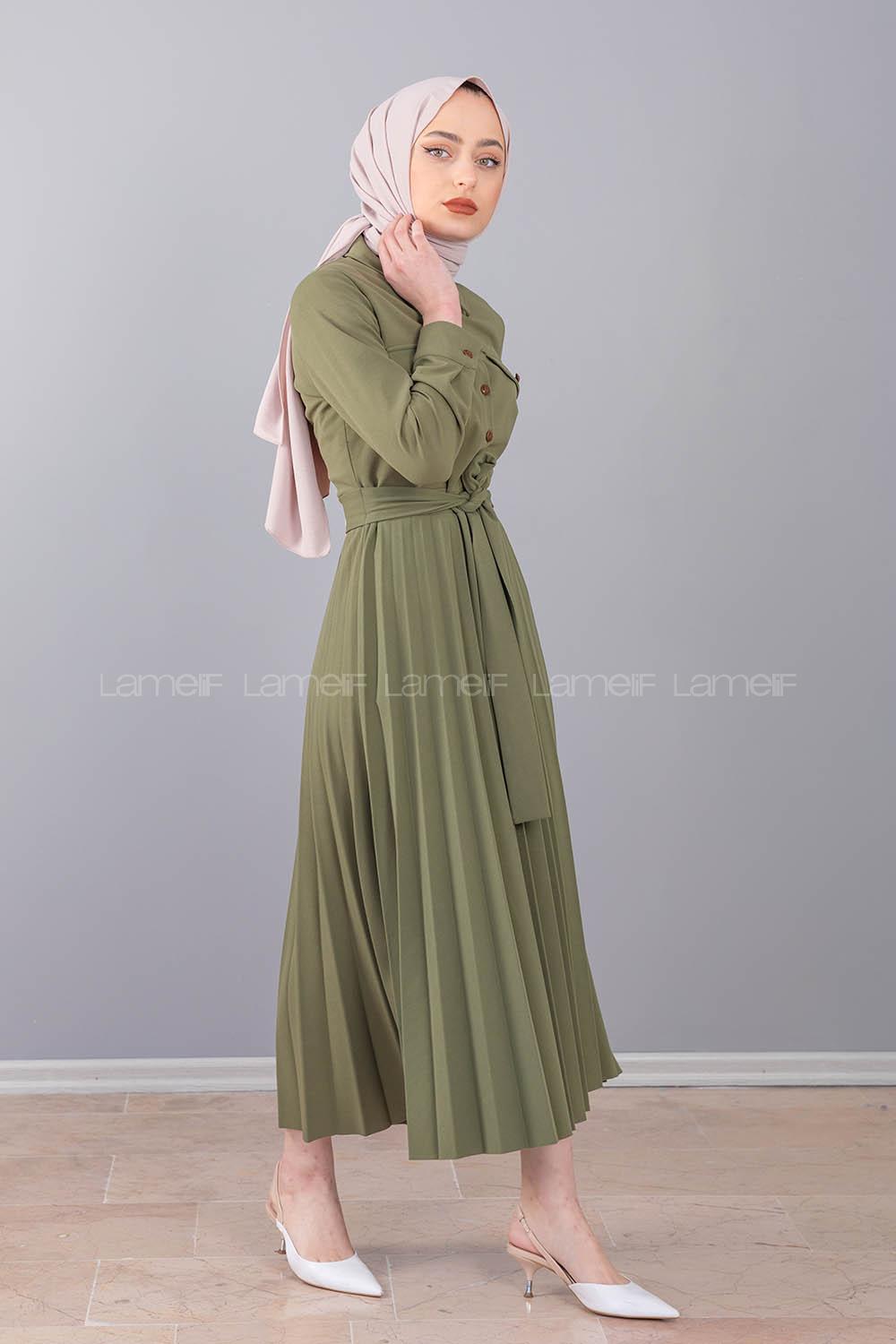 Modalamelif Gömlek Yaka Eteği Piliseli Elbise Haki