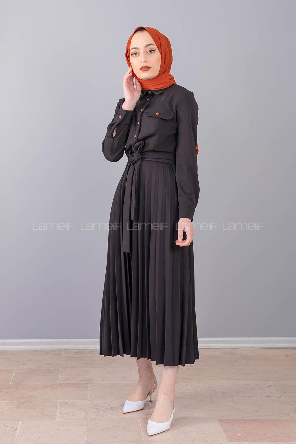 Modalamelif Gömlek Yaka Eteği Piliseli Elbise Siyah