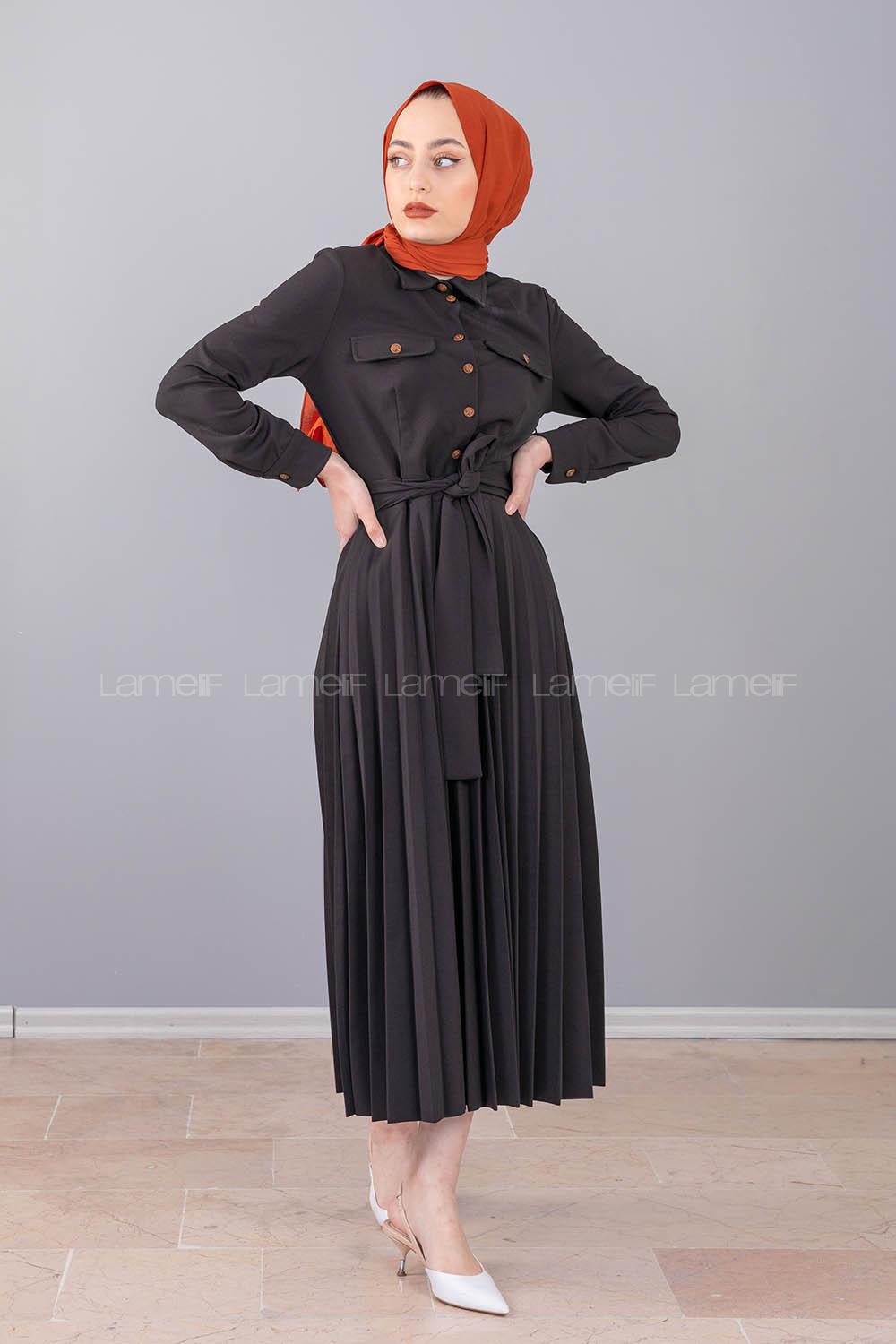 Modalamelif Gömlek Yaka Eteği Piliseli Elbise Siyah