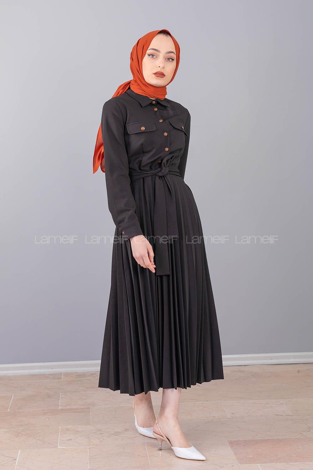 Modalamelif Gömlek Yaka Eteği Piliseli Elbise Siyah