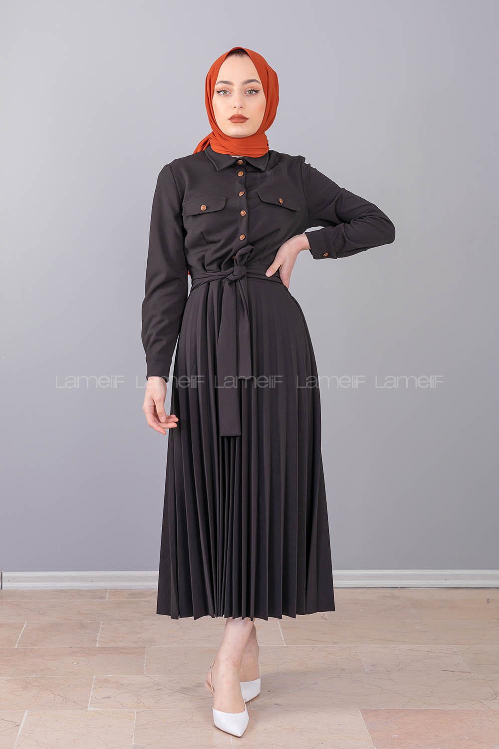 Modalamelif Gömlek Yaka Eteği Piliseli Elbise Siyah