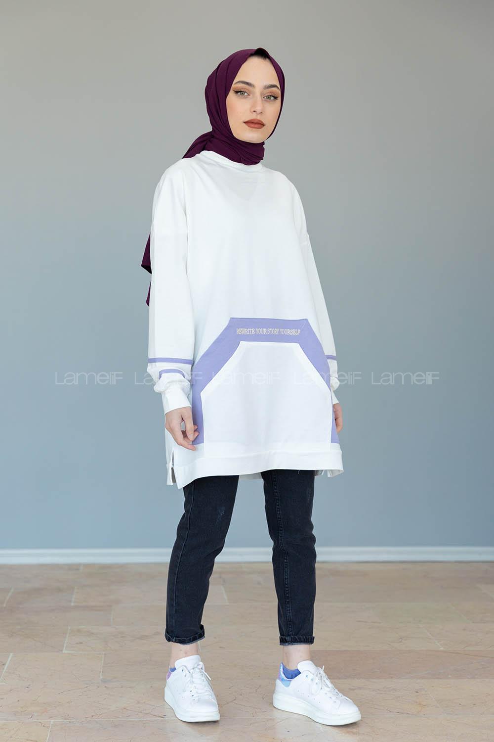 Modalamelif Kanguru Cep Story Yourself Baskılı Tunik Beyaz