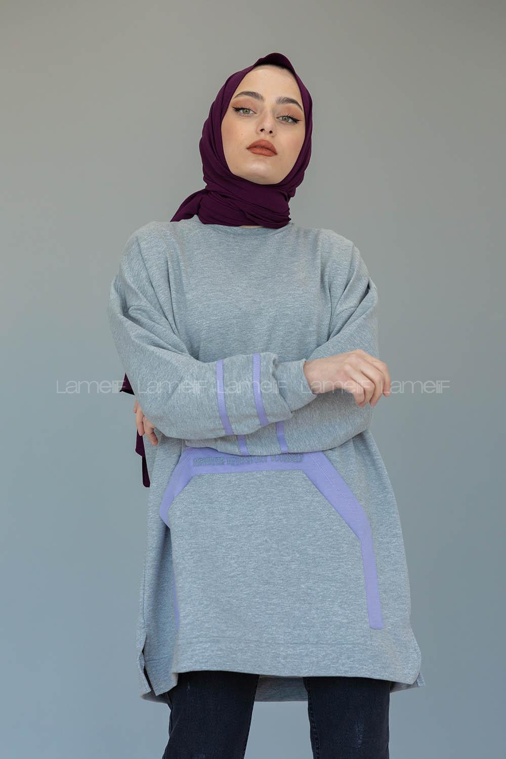 Modalamelif Kanguru Cep Story Yourself Baskılı Tunik Gri