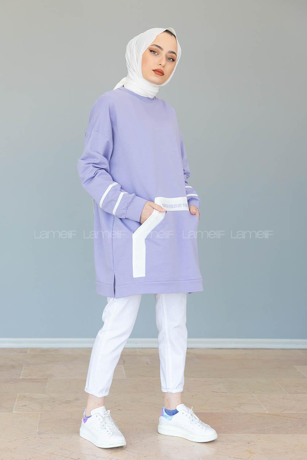 Modalamelif Kanguru Cep Story Yourself Baskılı Tunik Lila