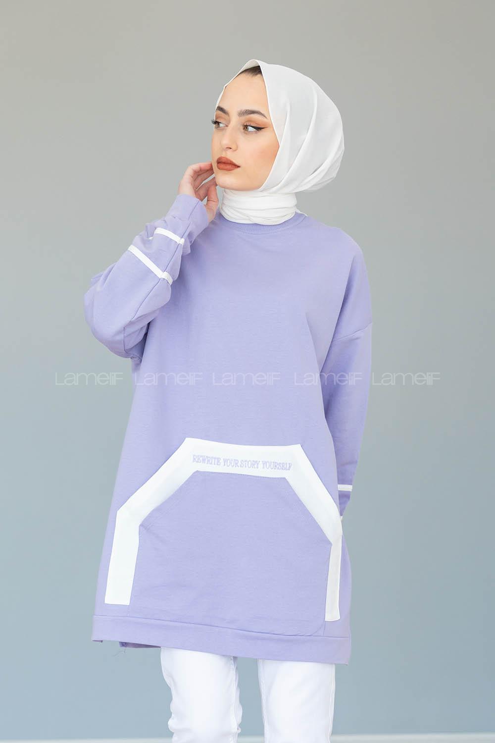 Modalamelif Kanguru Cep Story Yourself Baskılı Tunik Lila