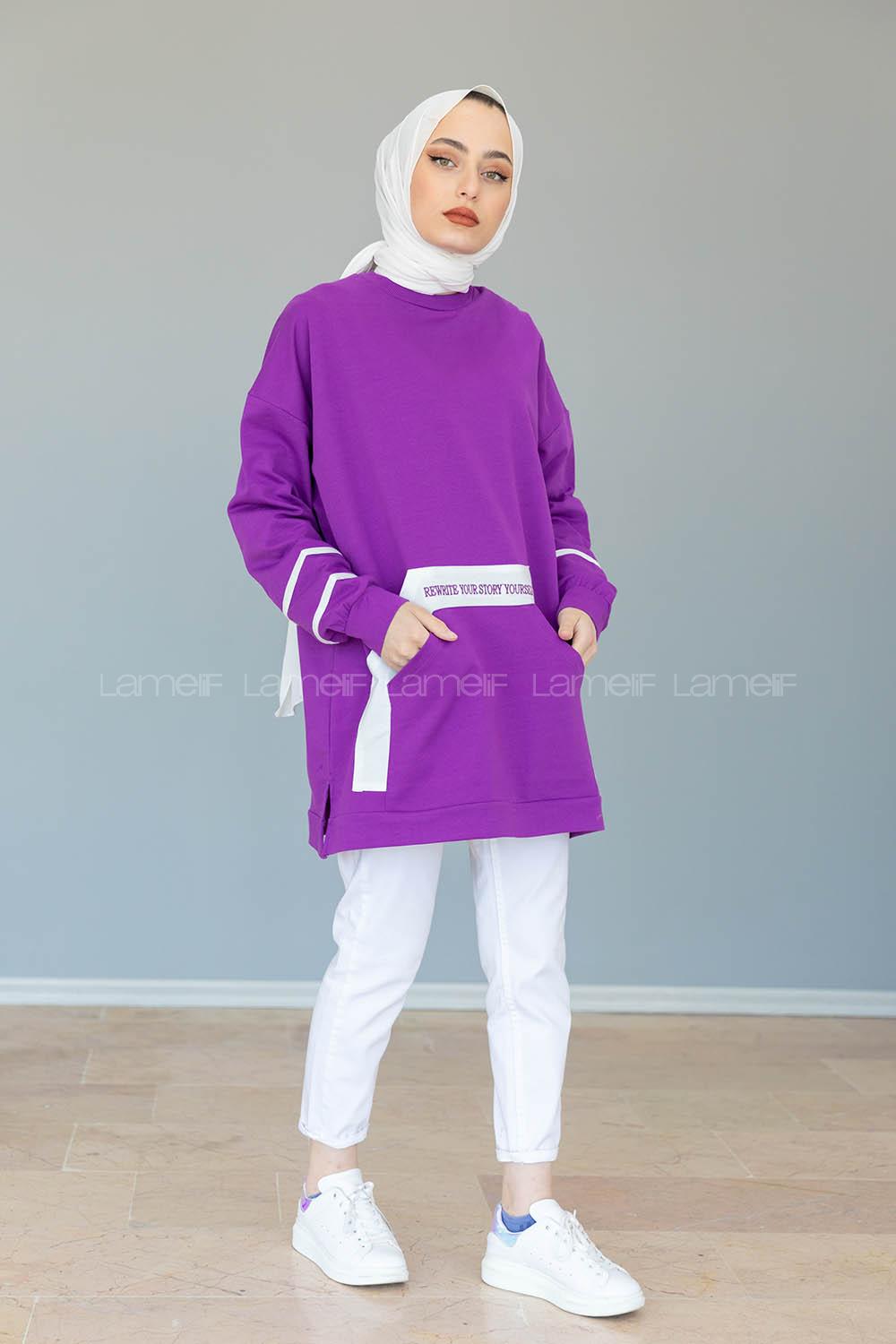 Modalamelif Kanguru Cep Story Yourself Baskılı Tunik Mor