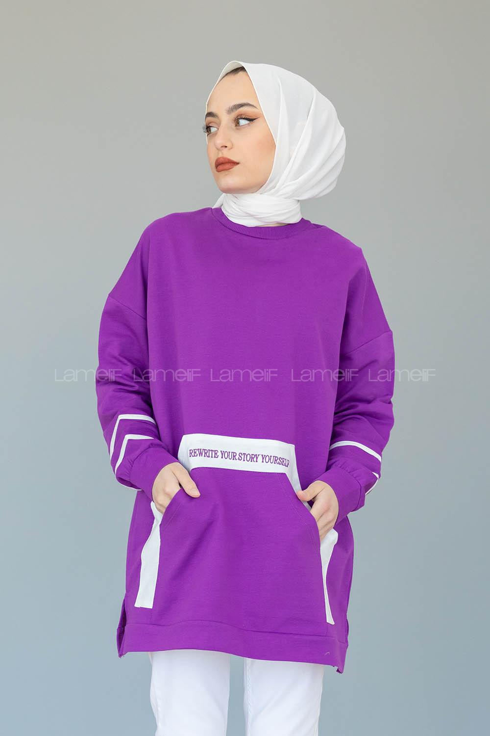 Modalamelif Kanguru Cep Story Yourself Baskılı Tunik Mor