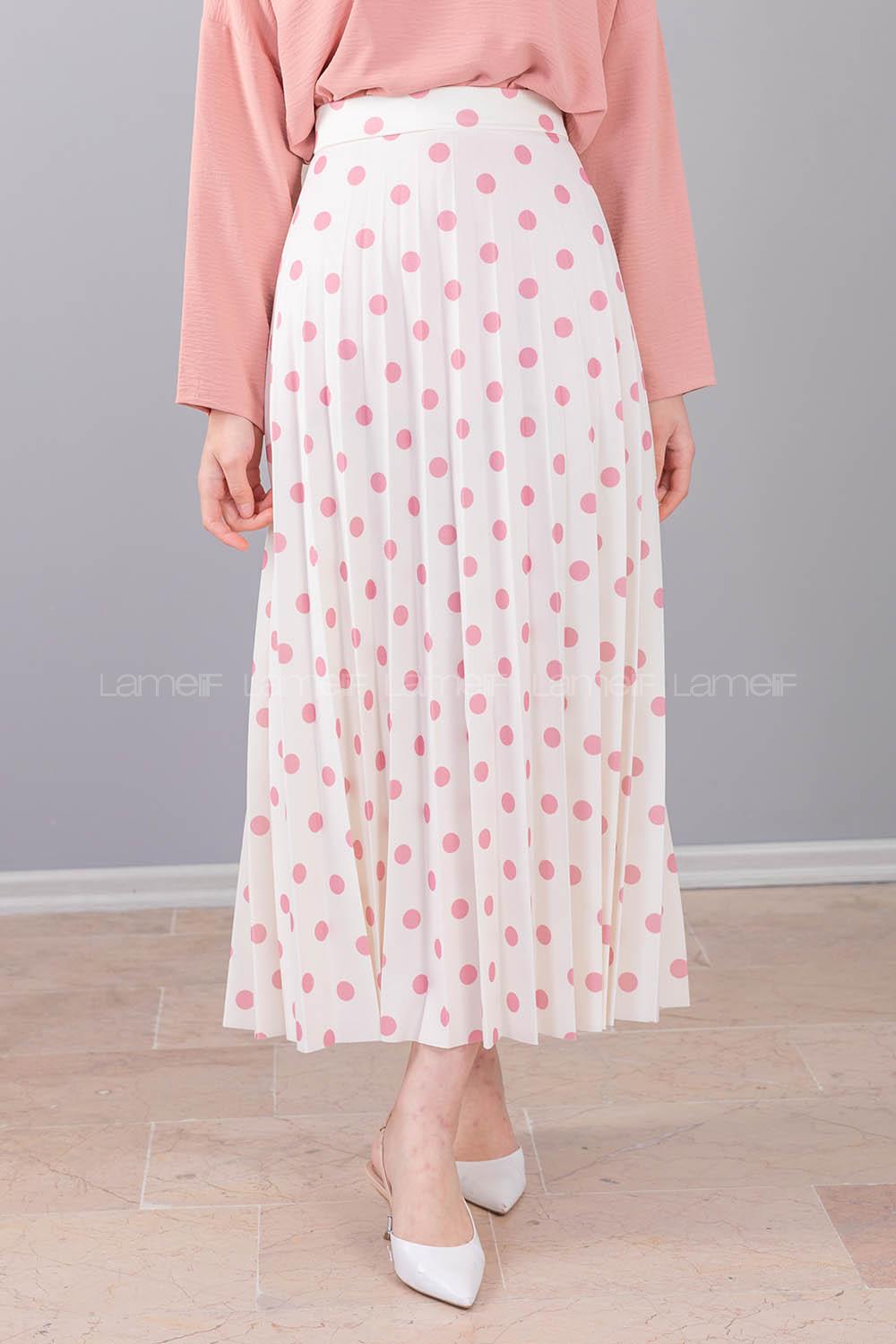 Modalamelif  Puantiye Desenli Etek Beyaz Pudra
