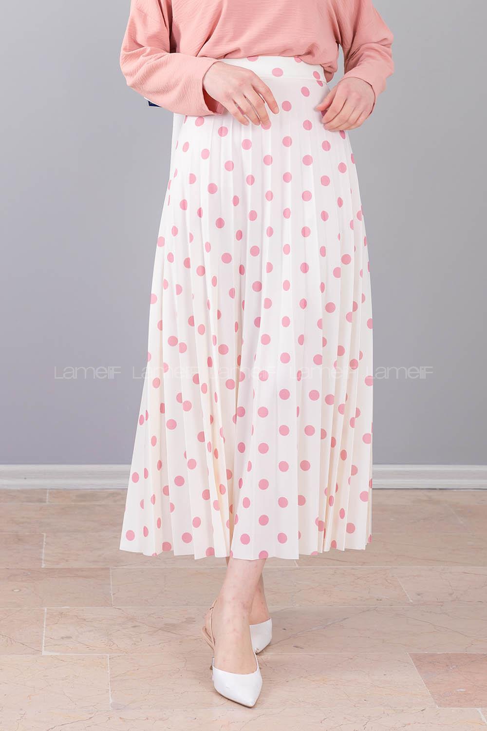 Modalamelif  Puantiye Desenli Etek Beyaz Pudra