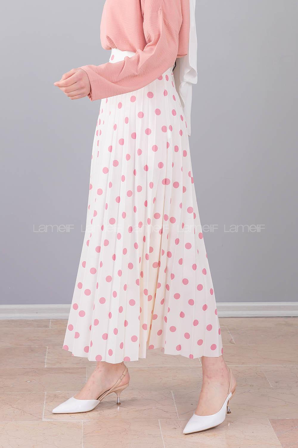 Modalamelif  Puantiye Desenli Etek Beyaz Pudra