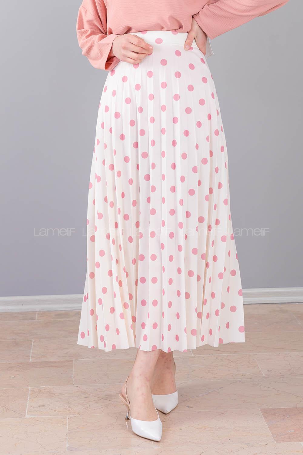 Modalamelif  Puantiye Desenli Etek Beyaz Pudra