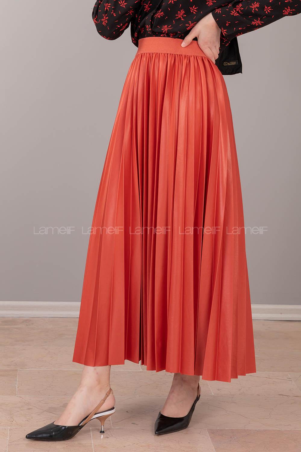 Modalamelif Beli Lastikli Deri Görünümlü Laklı Etek Nar Çiçeği