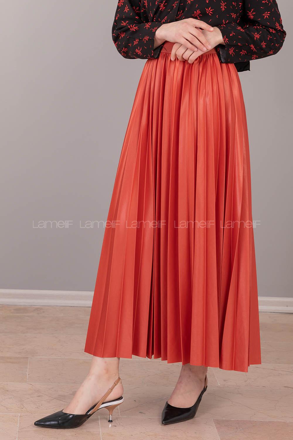 Modalamelif Beli Lastikli Deri Görünümlü Laklı Etek Nar Çiçeği