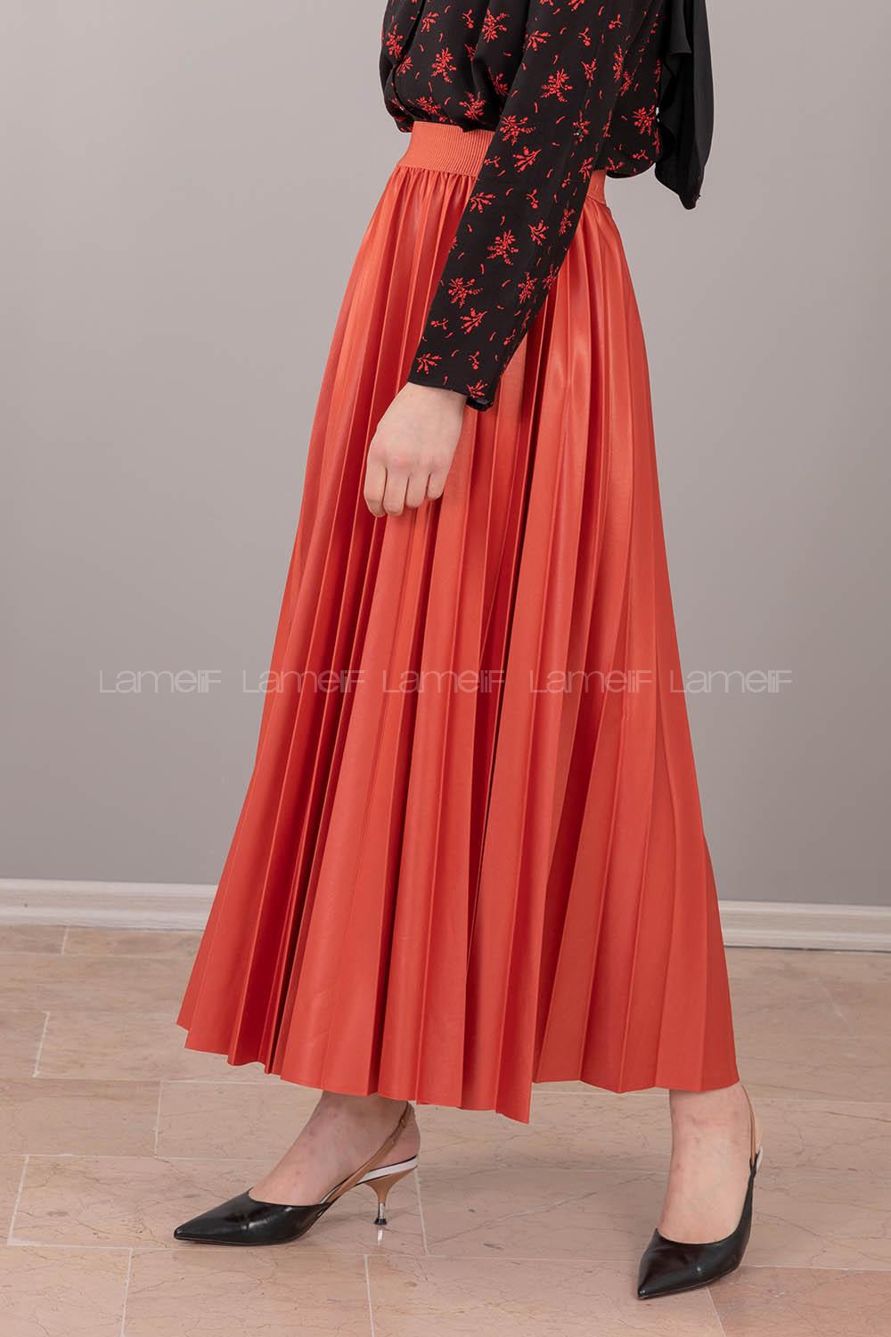 Modalamelif Beli Lastikli Deri Görünümlü Laklı Etek Nar Çiçeği