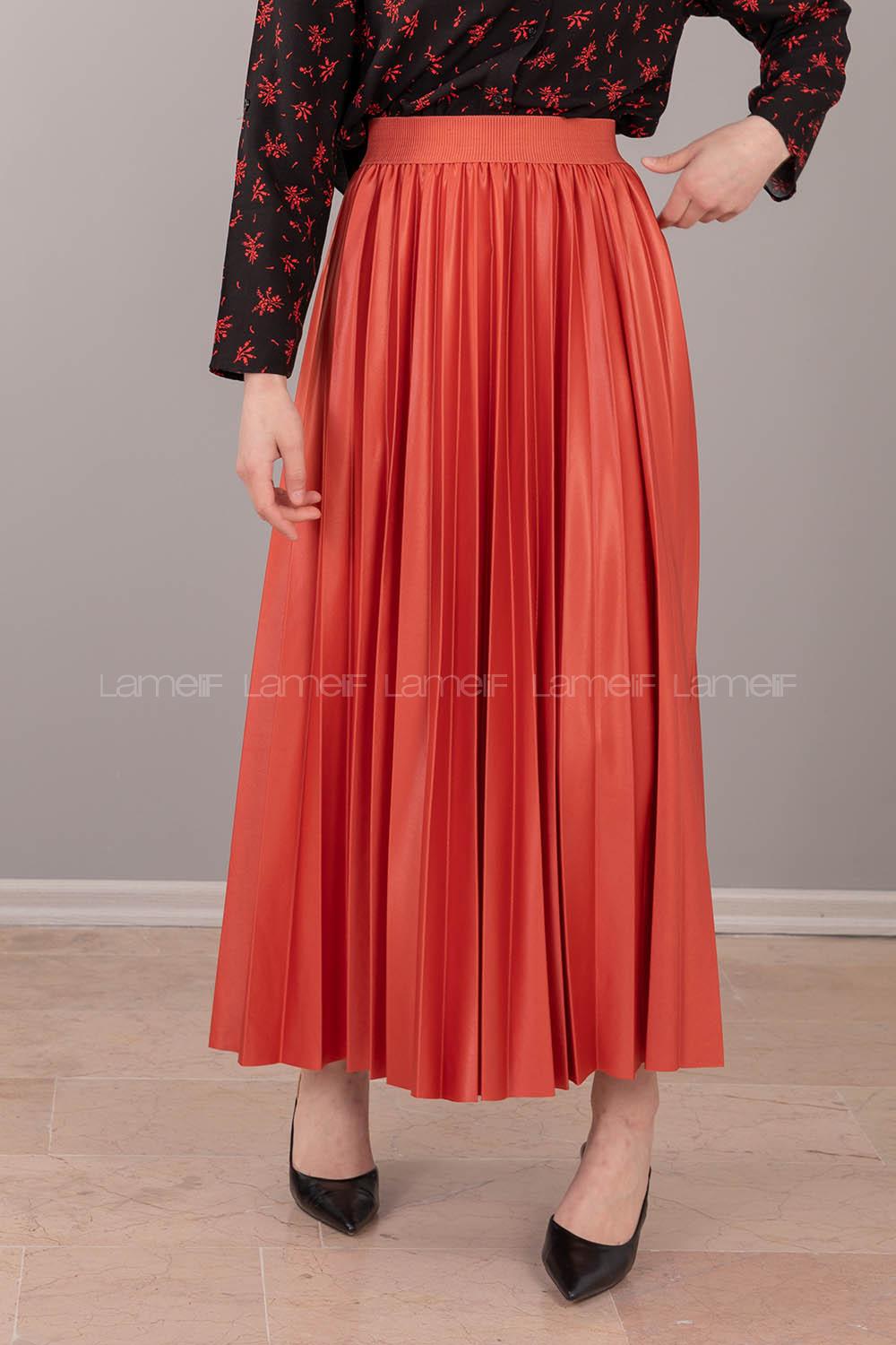 Modalamelif Beli Lastikli Deri Görünümlü Laklı Etek Nar Çiçeği