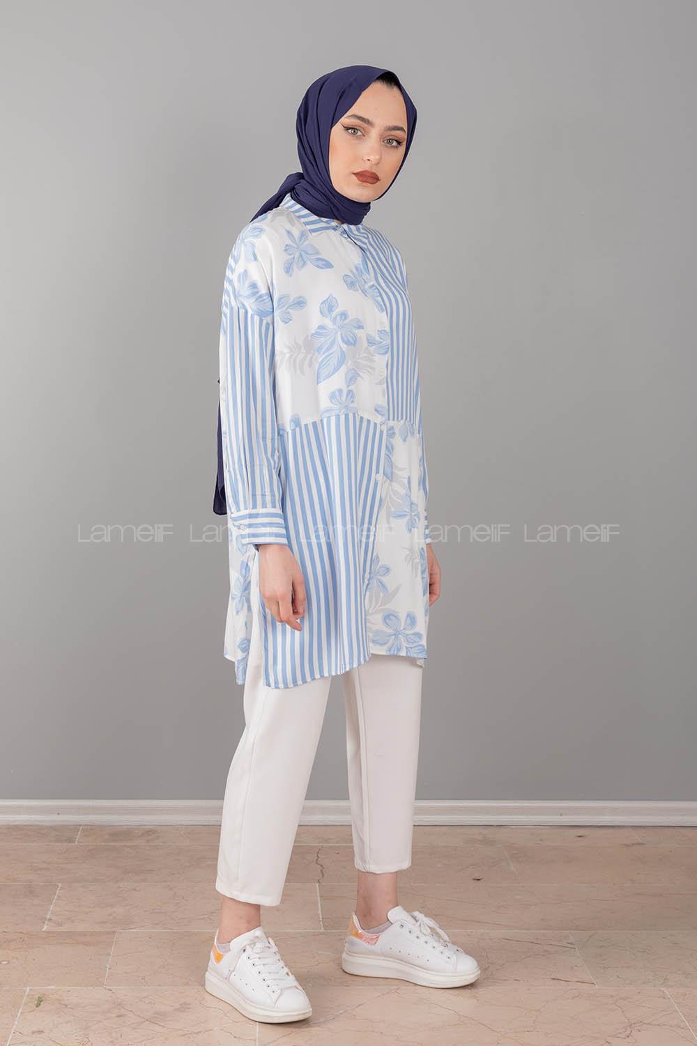 Modalamelif Garnili Çiçek Desen Gömlek Açık Mavi