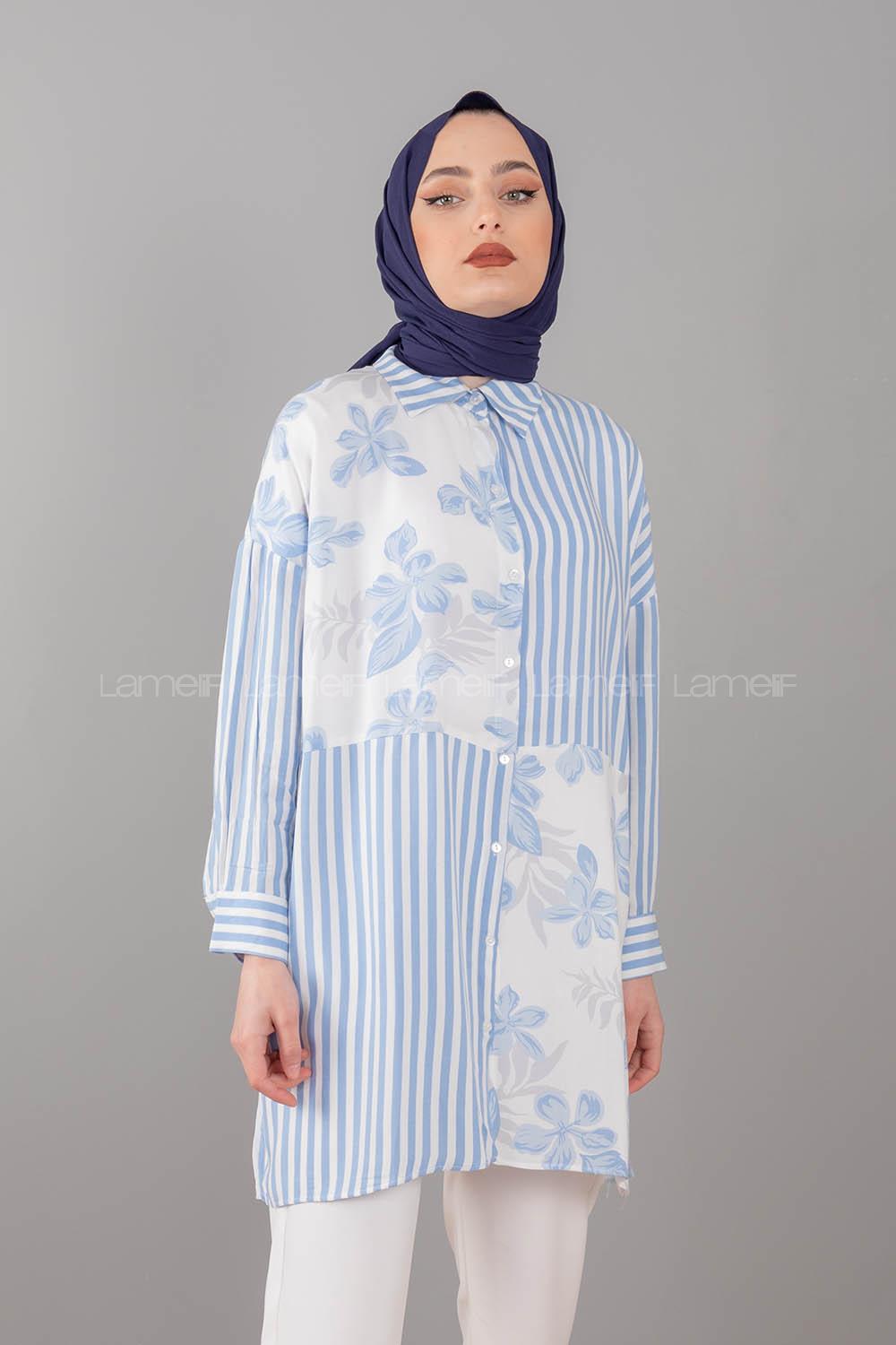 Modalamelif Garnili Çiçek Desen Gömlek Açık Mavi