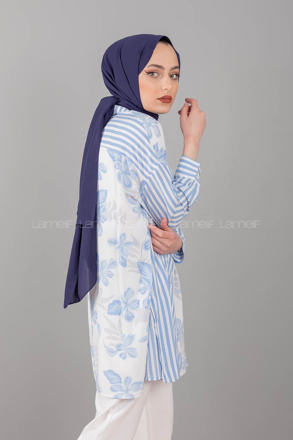 Modalamelif Garnili Çiçek Desen Gömlek Açık Mavi