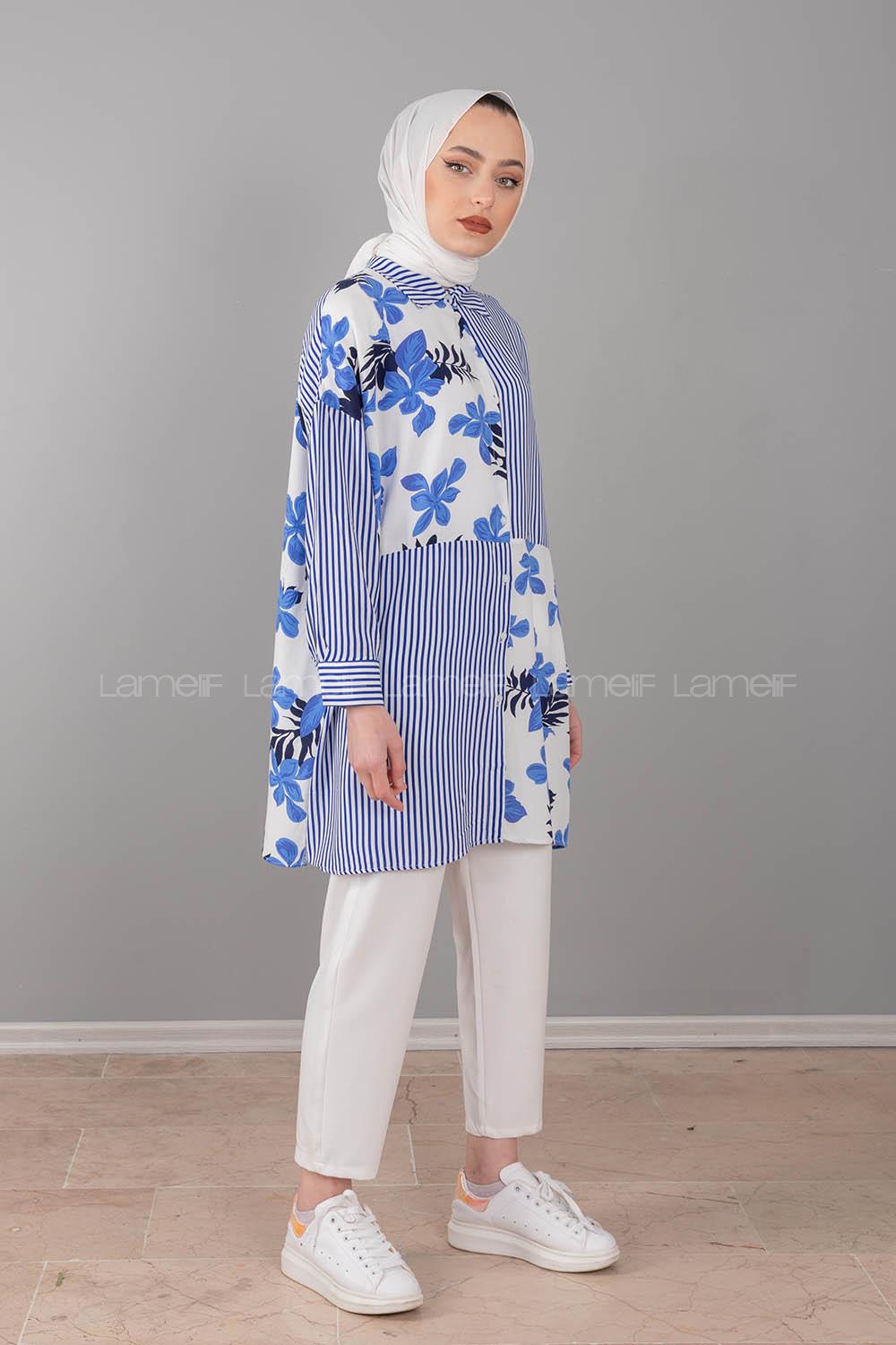 Modalamelif Garnili Çiçek Desen Gömlek Mavi