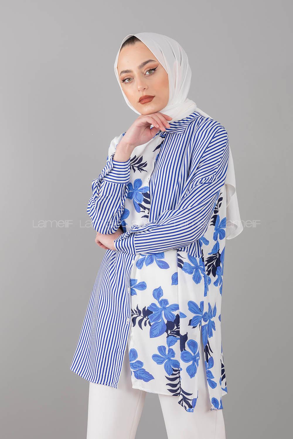 Modalamelif Garnili Çiçek Desen Gömlek Mavi