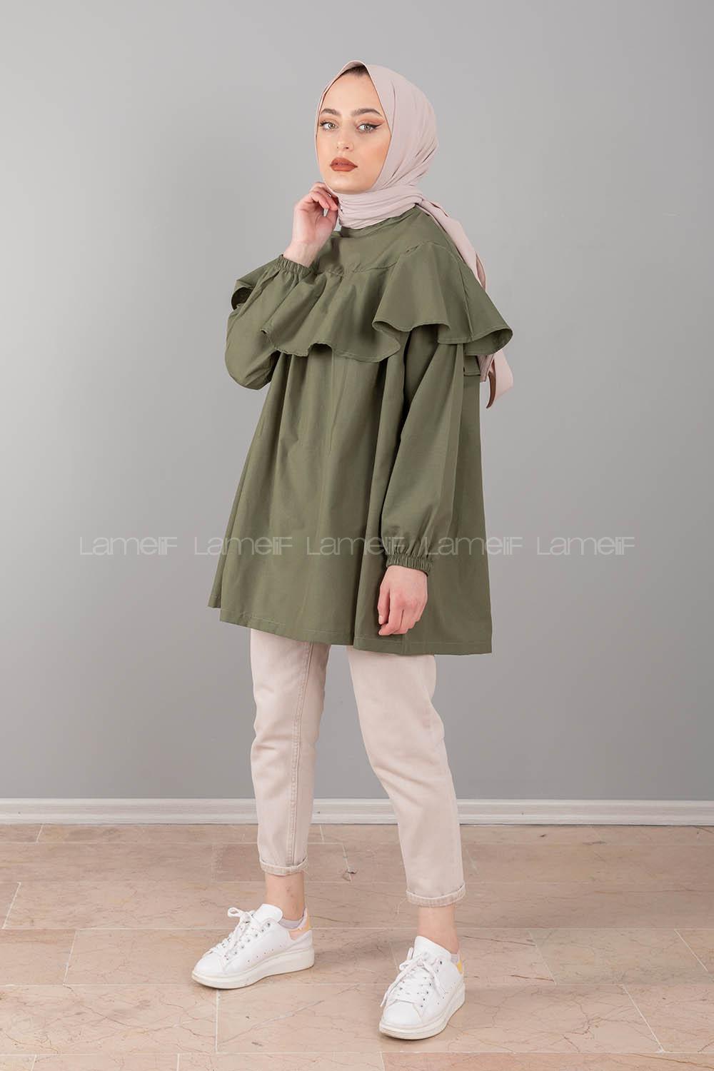 Modalamelif Hakim Yaka Fırfırlı Tunik Haki