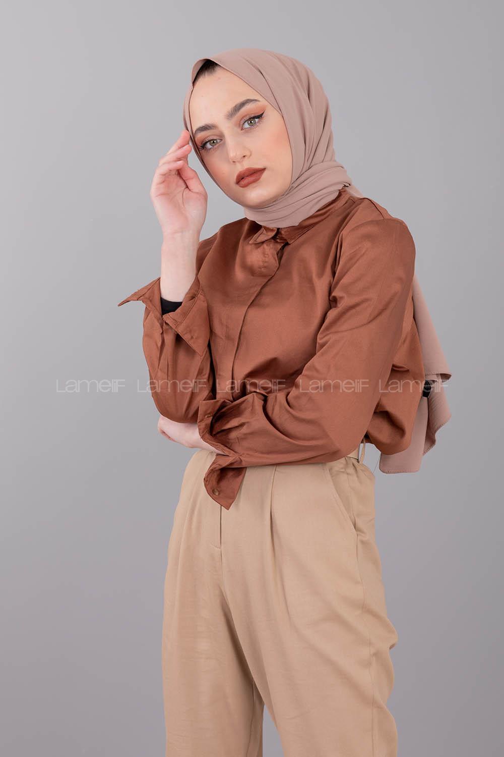 Modalamelif Önü Gizli Düğmeli Gömlek Kahverengi